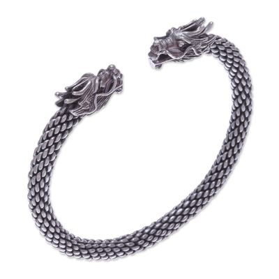 Alternate image for Dragon Themed Unisex Sterling Silver Cuff Bracelet Double Dragons