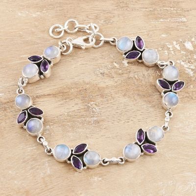 Alternate image for Rainbow Moonstone and Amethyst Sterling Silver Link Bracelet Misty Morning