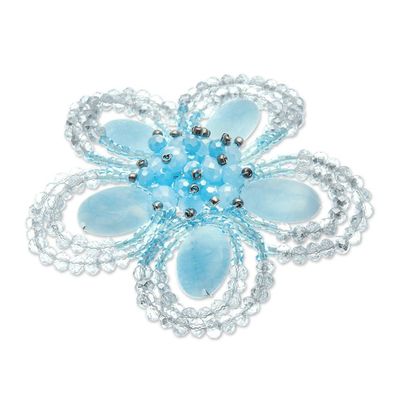 Alternate image for Handcrafted Floral Blue Quartz and Glass Beaded Brooch Pin Spring in Serenity