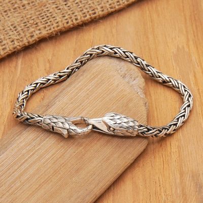 Alternate image for Sterling Silver Basketweave Chain Bracelet with Eagle Motif Bravery Feathers