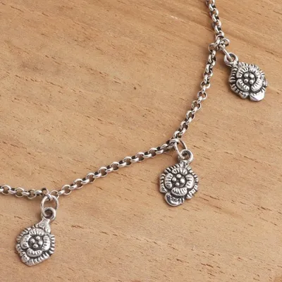 Alternate image for Hand Made Sterling Silver Floral Charm Anklet Floral Gleam