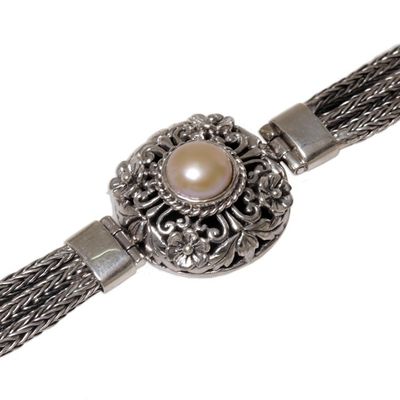 Alternate image for 925 Silver and Cultured Pearl Balinese Floral Bracelet Floral Nobility