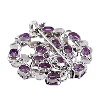Alternate image for Vine-Themed Rhodium-Plated 14-Carat Oval Amethyst Brooch Pin Immaculate Purple