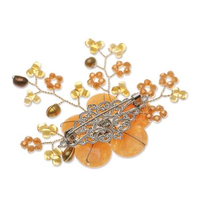 Alternate image for Flower-Shaped Orange Cultured Pearl and Quartz Brooch Pin Petals of Optimism