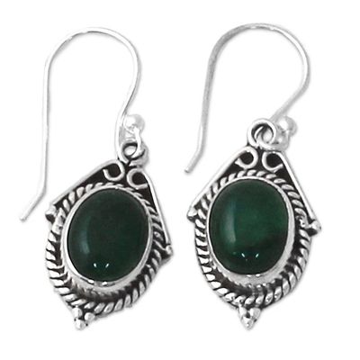Alternate image for Hand Made Sterling Silver Green Onyx Dangle Earrings India Charming Green