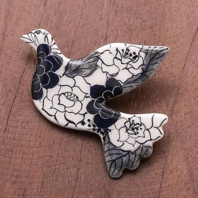 Alternate image for Black Floral Ceramic Dove Brooch Pin from Thailand Rosy Dove