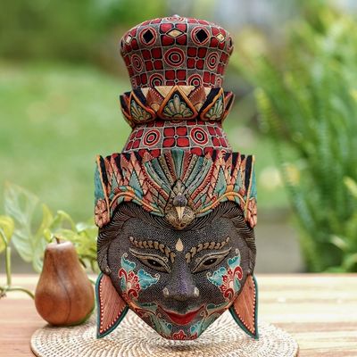 Image for Handcrafted Batik Pule Wood Rama Mask with Bird Detail Powerful Rama