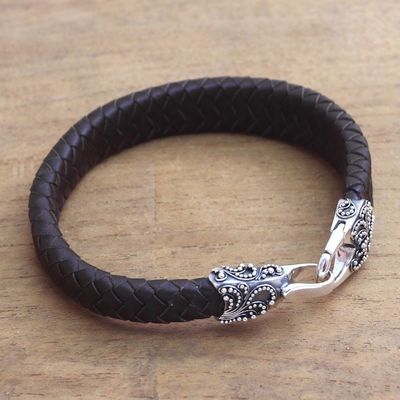 Alternate image for Mens Leather and Sterling Silver Bracelet in Brown Bun Claw in Brown