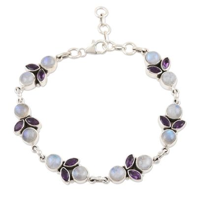 Alternate image for Rainbow Moonstone and Amethyst Sterling Silver Link Bracelet Misty Morning