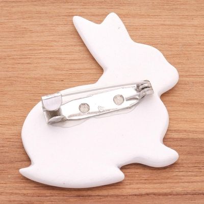 Alternate image for Bunny Rabbit Brooch Pin with Hand Painted Flowers Blue and White Floral Rabbit