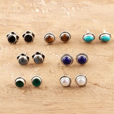 Alternate image for Gemstone Stud Earrings from India Set of 7 Everyday Pairs