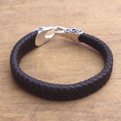 Alternate image for Mens Leather and Sterling Silver Bracelet in Brown Bun Claw in Brown