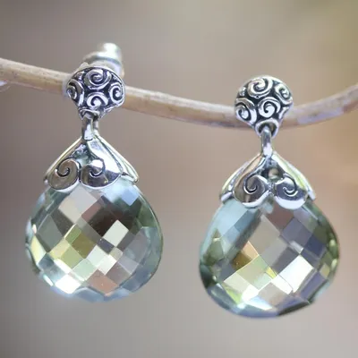 Alternate image for Silver Earrings from Bali Featuring 10 Carats of Prasiolite Dazzling