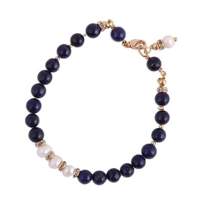 Alternate image for Gold Accent Cultured Pearl and Lapis Beaded Pendant Bracelet Midnight Moonrise