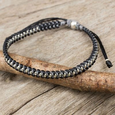 Alternate image for Hand Knotted Macrame Bracelet with Hill Tribe Silver Beads Grey Black Progression