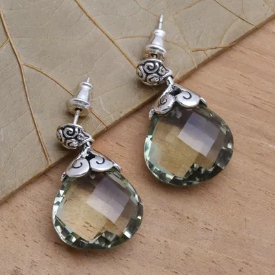 Alternate image for Silver Earrings from Bali Featuring 10 Carats of Prasiolite Dazzling