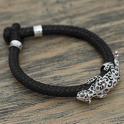 Alternate image for Hand Made Leather Sterling Silver Braided Bracelet Mexico Life of the Jaguar