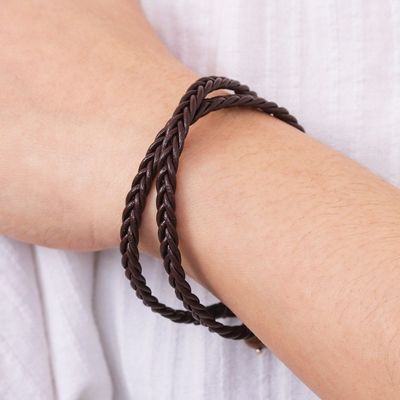 Alternate image for Hand Braided Brown Leather Mens Wrap Bracelet Double Chocolate