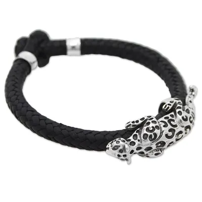 Alternate image for Hand Made Leather Sterling Silver Braided Bracelet Mexico Life of the Jaguar