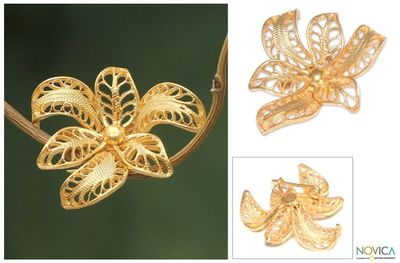 Alternate image for Handcrafted Floral Vermeil Filigree Brooch Pin Tropical Orchid