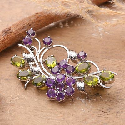 Alternate image for Faceted 10-Carat Amethyst and Peridot Floral Brooch Pin Timeless Bloom