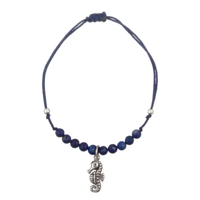 Alternate image for Lapis Lazuli Beaded Pendant Anklet with Seahorse Charm Royal Seahorse