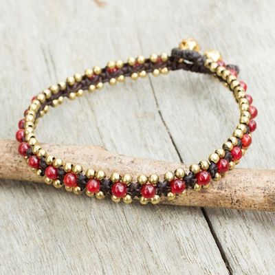 Alternate image for Red Quartz Hand Crocheted Anklet with Brass Beads and Bells Tinkling Bells