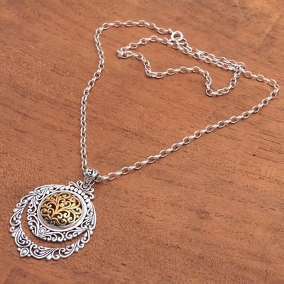 Alternate image for Patterned Gold Accented Sterling Silver Pendant Necklace Jungle Roots