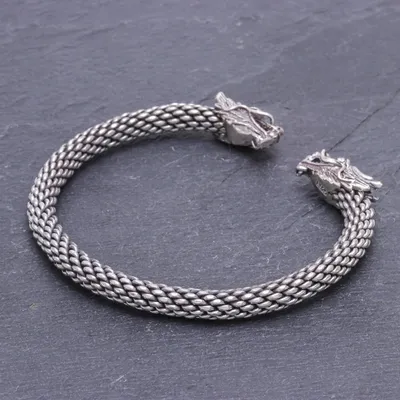 Alternate image for Dragon Themed Unisex Sterling Silver Cuff Bracelet Double Dragons