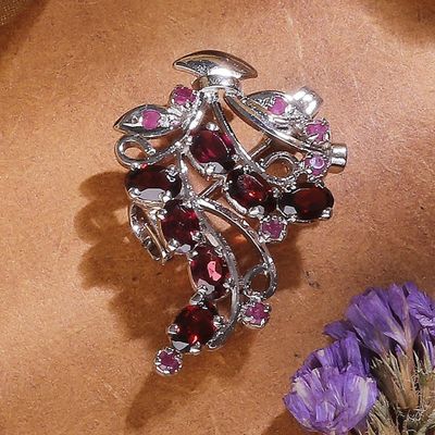 Alternate image for Leafy Rhodium-Plated Three-Carat Garnet and Ruby Brooch Pin Crimson Liaison