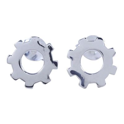 Alternate image for Silver Gear Earrings with High Polish Finish from Thailand Gears Turning