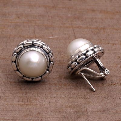 Alternate image for Cultured Pearl and Sterling Silver Button Earrings from Bali Temple Domes