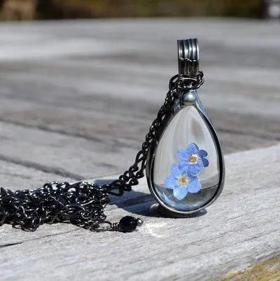 Alternate image for Pressed Flower Necklace, Real Forget Me Not Jewelry, Blue Botanical Teardrop Pendant, Quality Glass Necklace for Women,