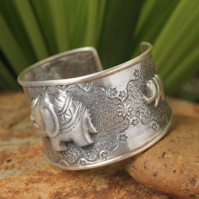 Alternate image for Handmade Sterling Silver Cuff Bracelet Hill Tribe Elephants