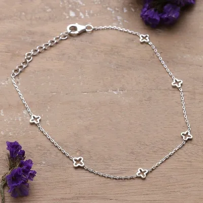 Alternate image for Classic Floral Sterling Silver Station Anklet from India Stars Blooms