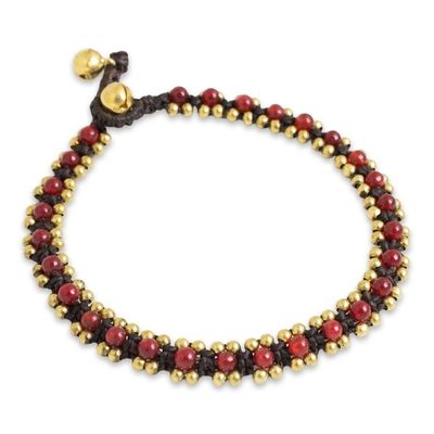 Alternate image for Red Quartz Hand Crocheted Anklet with Brass Beads and Bells Tinkling Bells