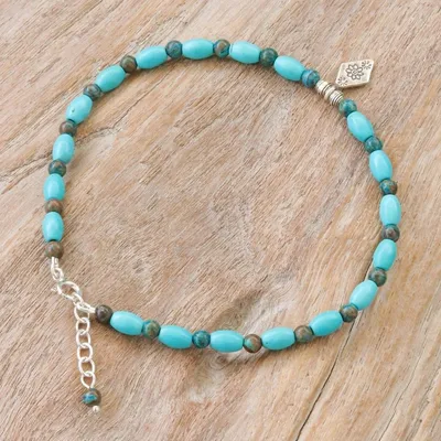 Alternate image for Blue Howlite and Jasper Beaded Anklet with Silver Charm Triangular Bloom in Blue
