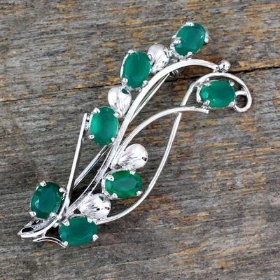 Alternate image for Artisan Crafted Green Onyx and Silver Brooch Pin from India Forest Foliage