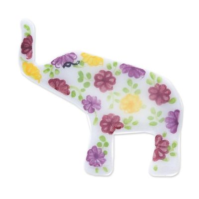 Alternate image for White Elephant Hand Painted Brooch Pin with Flowers Pretty Floral Elephant