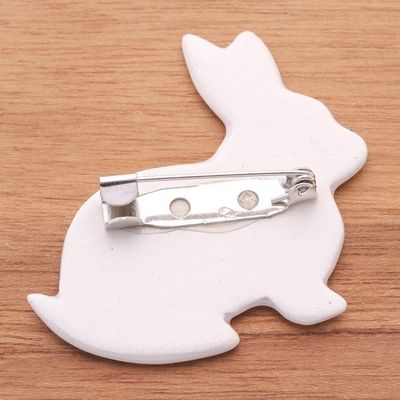 Alternate image for Hand Painted White Rabbit Brooch Pin with Flowers White Floral Rabbit