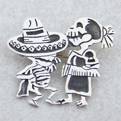 Alternate image for Day of the Dead Sterling Silver Brooch Pendant Skeletal Hat Dance