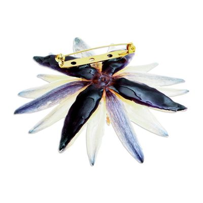 Alternate image for Blue and Ivory Natural Waterlily Flower Resin Brooch Pin Serene Rebirth