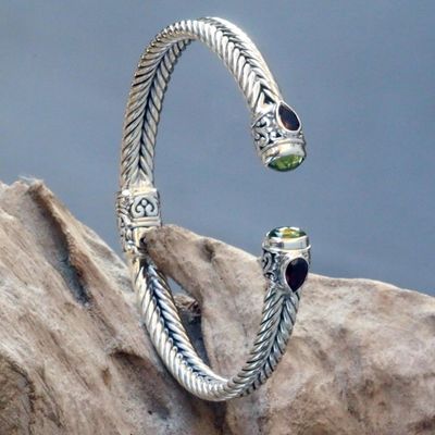 Alternate image for Braided Sterling Silver Cuff with Peridot and Garnet Gems Flower Buds