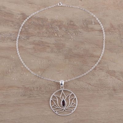 Alternate image for Garnet Sterling Silver Lotus Flower Pendant Necklace Lotus Heart