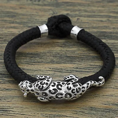 Alternate image for Hand Made Leather Sterling Silver Braided Bracelet Mexico Life of the Jaguar
