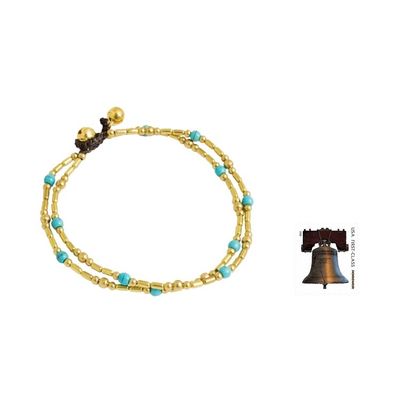 Alternate image for Thailand Blue Calcite Double Strand Brass Bead Anklet Golden Bell