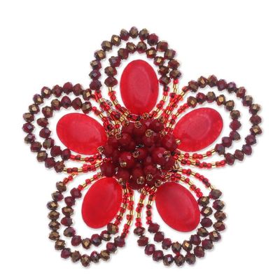 Alternate image for Handcrafted Floral Red Quartz and Glass Beaded Brooch Pin Spring in Love