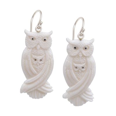 Alternate image for Handcrafted Bone Owl Family Dangle Earrings from Bali Owl Bond