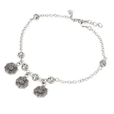 Alternate image for Sterling Silver Charm Anklet with Floral Motif Flower Lanterns