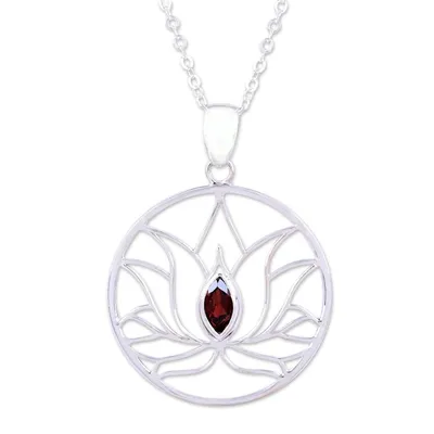 Alternate image for Garnet Sterling Silver Lotus Flower Pendant Necklace Lotus Heart